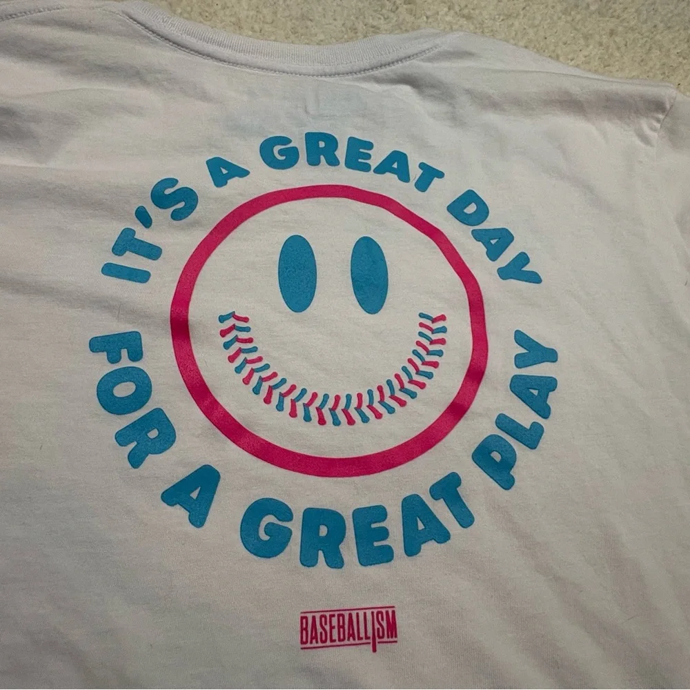 White Baseballism Great Day Graphic Tee with Blue and Pink Accents UNISEX - Picture 7 of 8